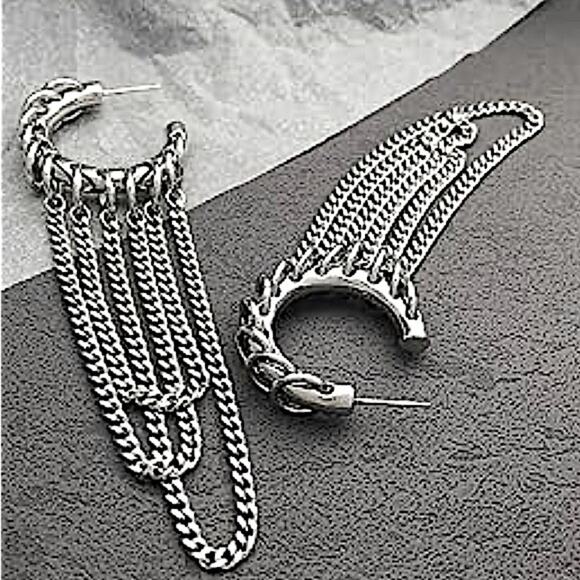 Silver Chain Hoop Link Earrings Punk Retro Y2K - Picture 4 of 6